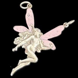 🆕 Sterling Silver Large Fairy W Pink Wings Pendant | 1.75” | 925 Stamped